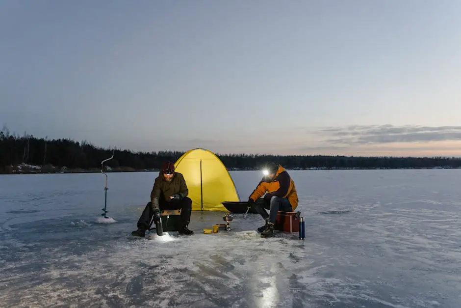 Pescador em um lago gelado durante o inverno no Brasil