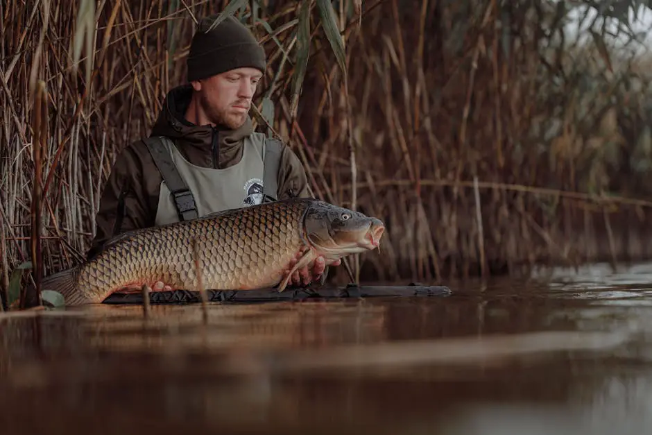 Um pescador em um rio durante o inverno, com neve ao redor e segurando uma vara de pesca, enquanto um surubim nada nas águas geladas