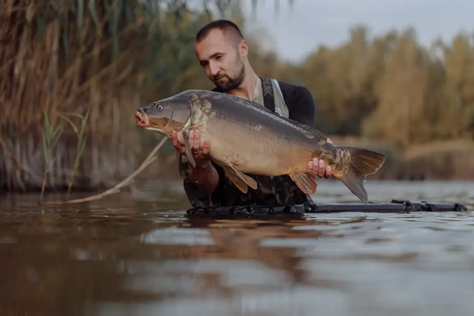 Imagem realista de um pescador segurando um tucunaré capturado no inverno