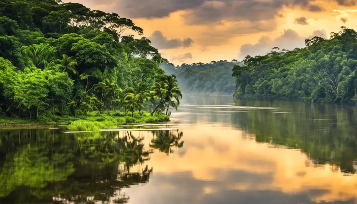 A peaceful river in the Amazon with lush green trees, reflecting its beauty and tranquility