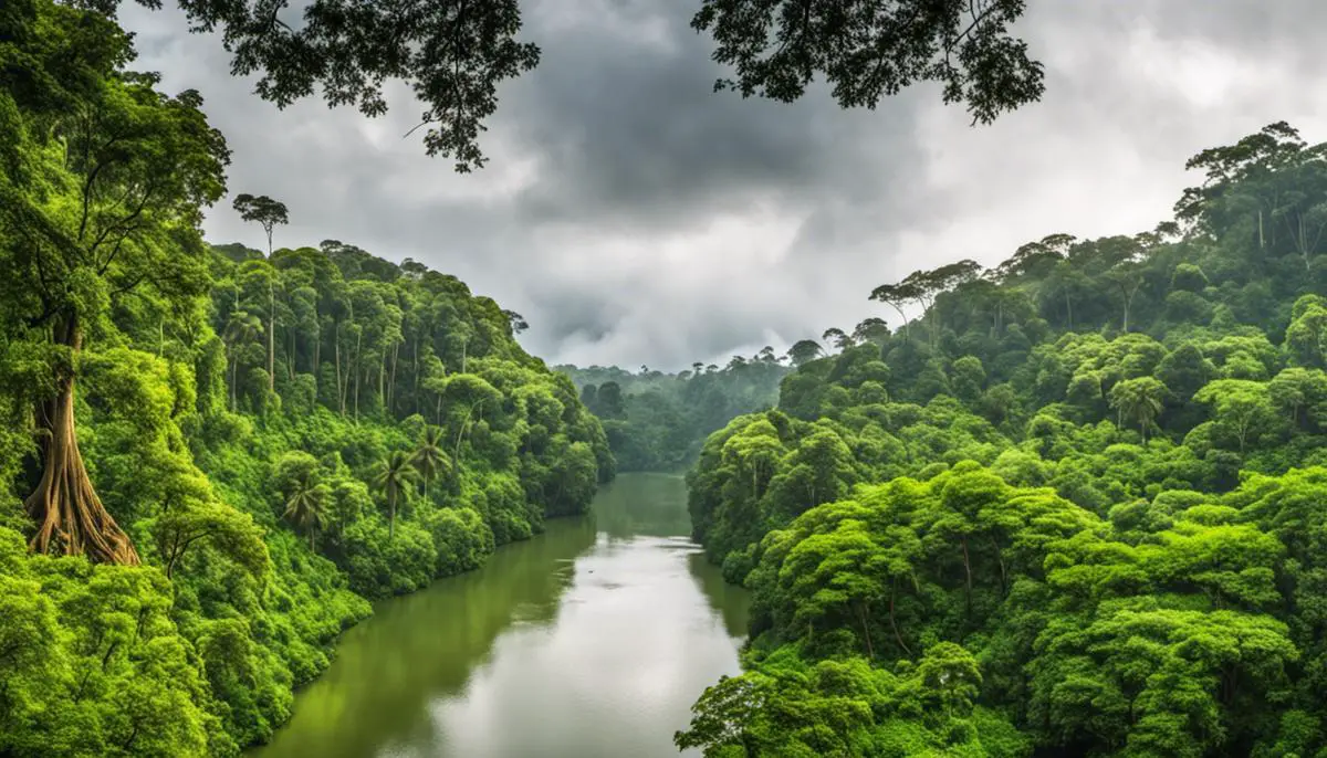 Imagem de uma paisagem verde da Floresta Amazônica com rios e árvores abundantes