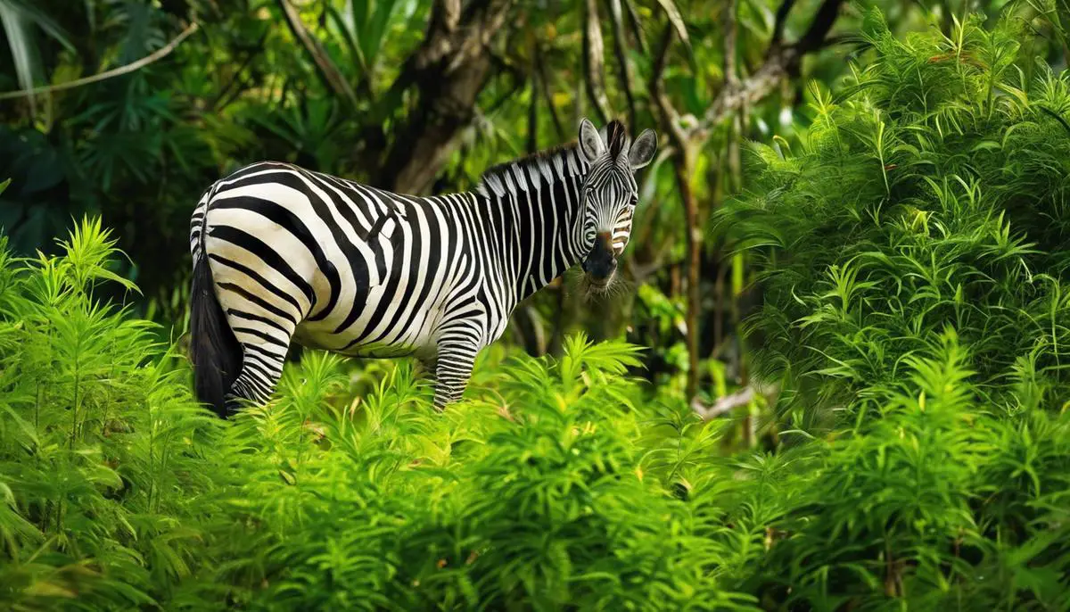 Imagem de camuflagem na selva, mostrando vegetação densa e animais camuflados entre as árvores.