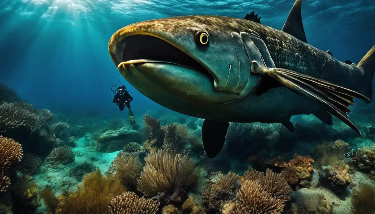 Imagem de um pescador submarino se camuflando no ambiente marinho, enquanto se aproxima sorrateiramente de um peixe.