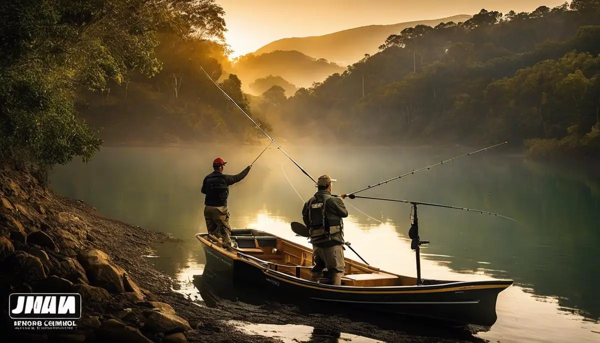 Imagem de diversos equipamentos de pesca adequados para pesca em lagoas, como varas, anzóis, iscas e boias.