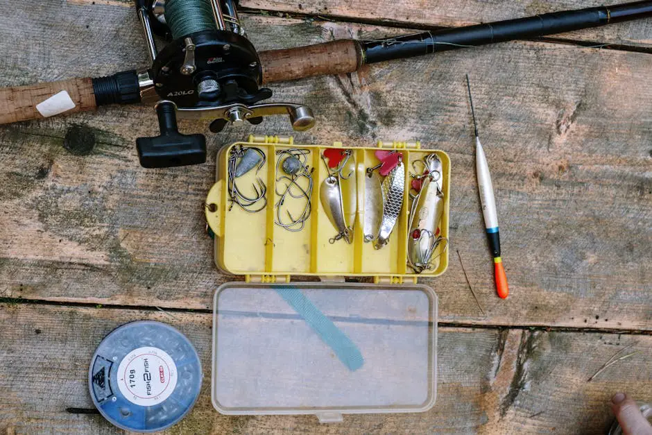 Ferramentas de pesca como alicates, tesouras e facas organizadas em um porta-ferramentas.