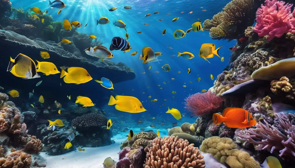 Image of various fish swimming in a coral reef