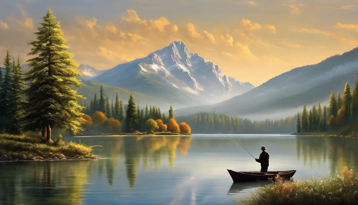 A peaceful scene of a person fishing in a calm lake with trees and mountains in the background.