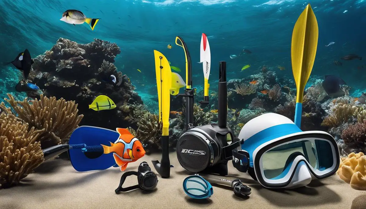 Various fishing accessories such as masks, snorkels, fins, and buoy