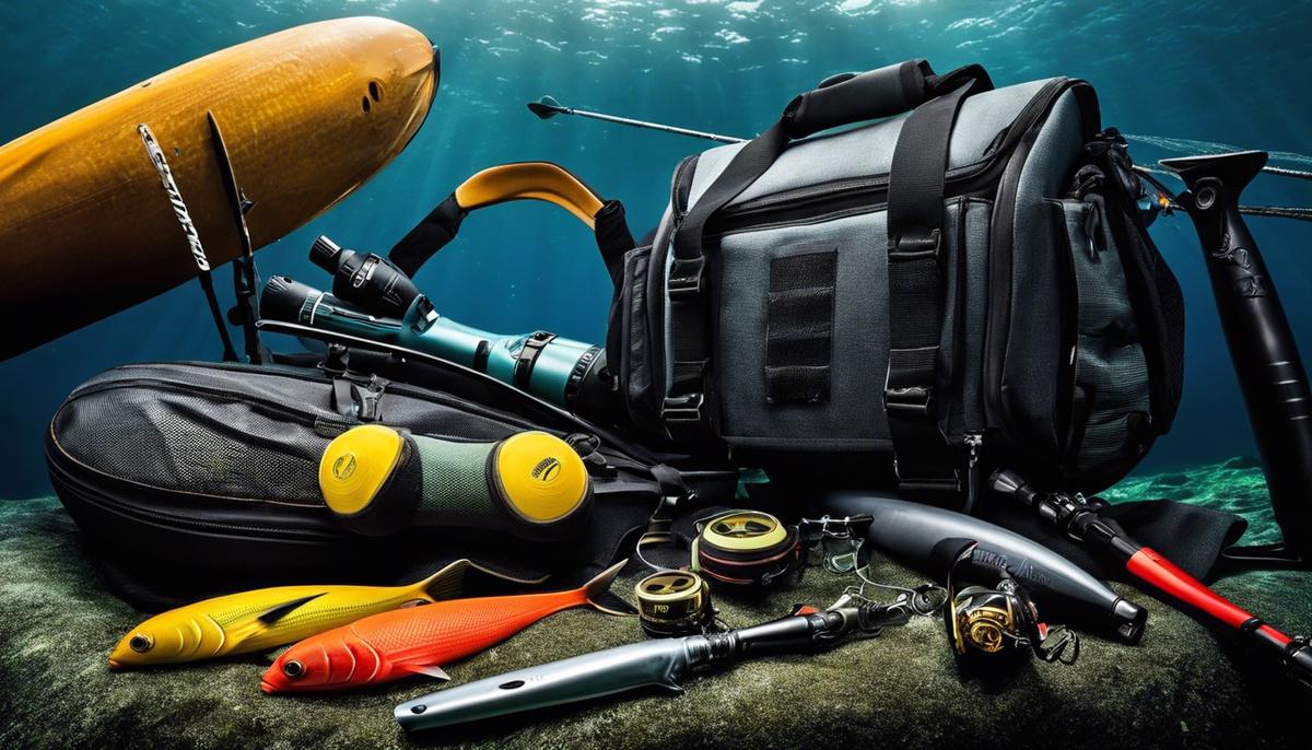 Image of fishing equipment used for underwater fishing, including a wetsuit, mask, snorkel, fins, knife, harpoon, and buoy.