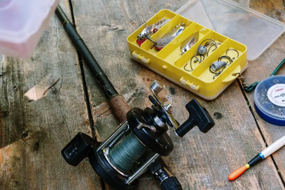 Various fishing equipment for winter fishing displayed on a table