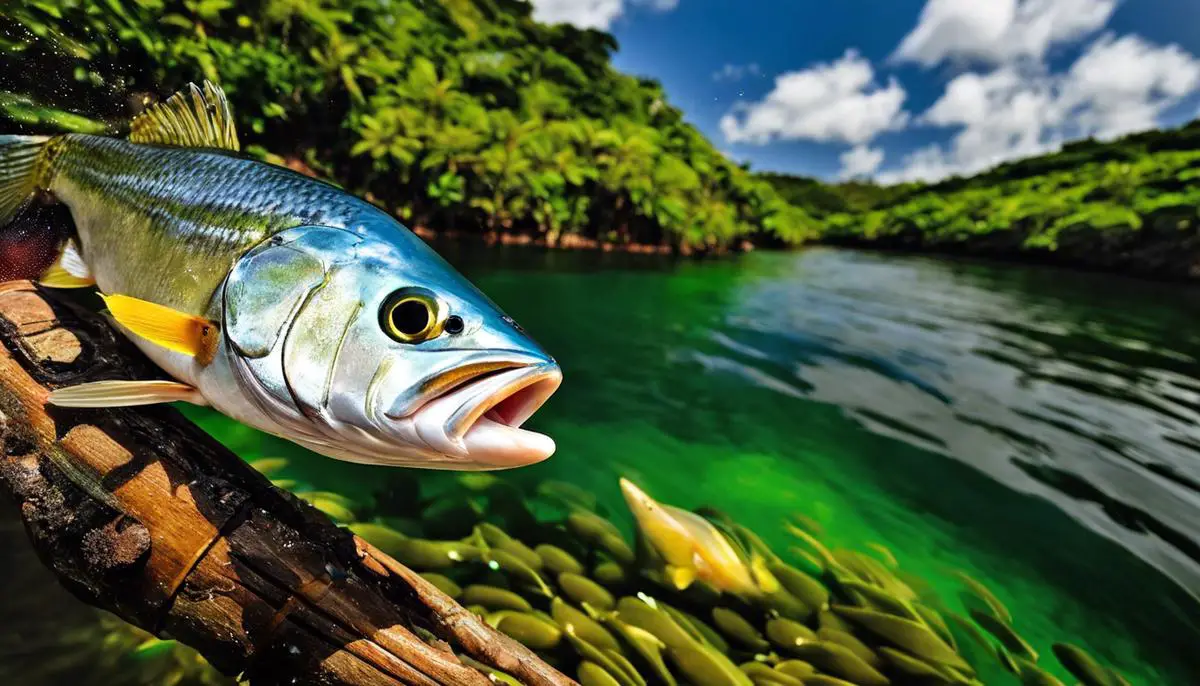 Imagem de um conjunto de equipamentos de pesca, incluindo vara de pesca, anzol e linha, representando os equipamentos essenciais para uma pesca bem-sucedida em diferentes locais do Brasil.