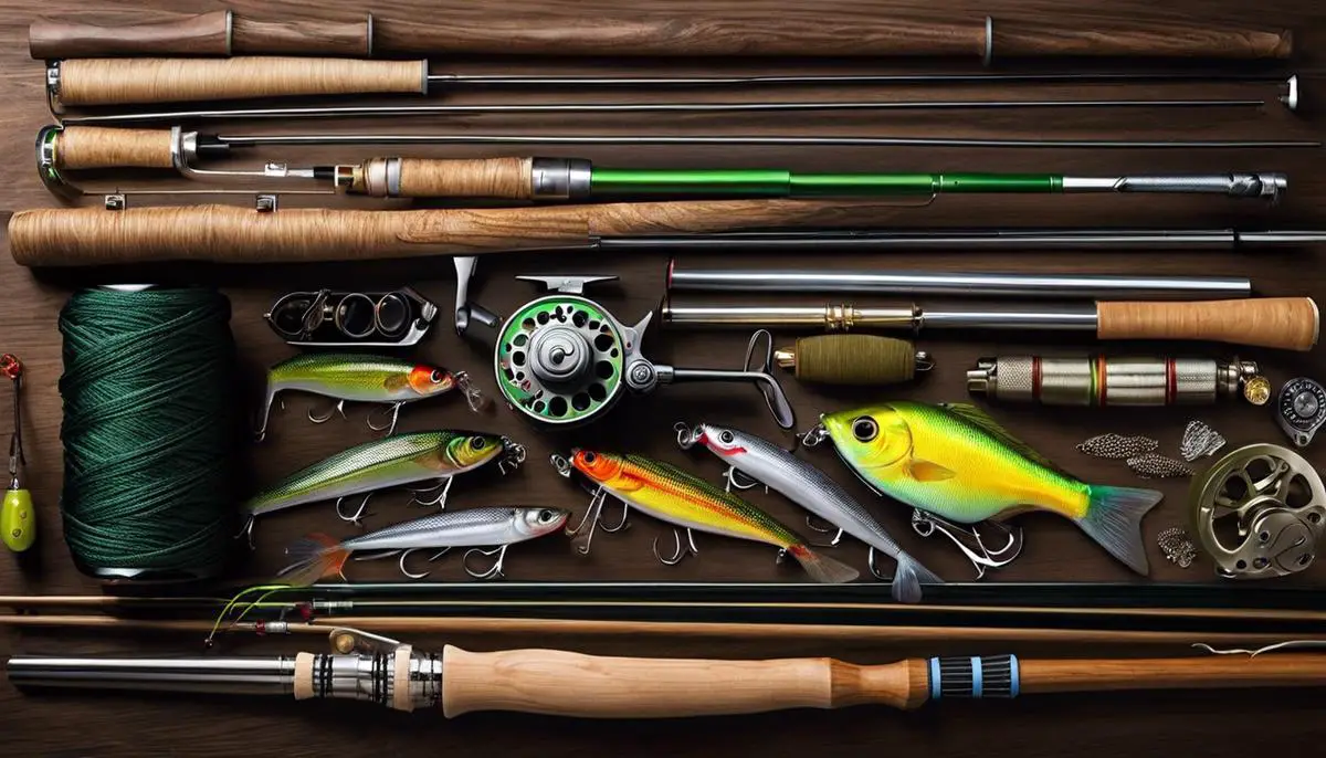 Image description: Fishing gear including fishing rod, reel, and various fishing lures.