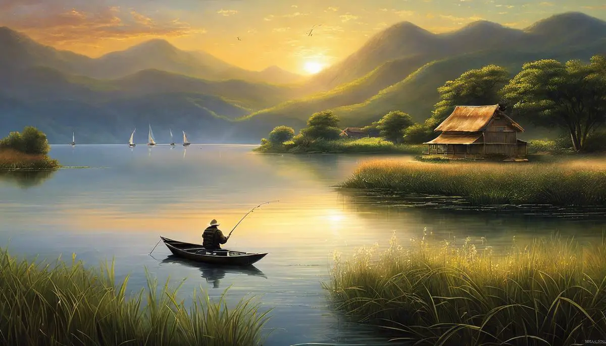 A picture showing a peaceful lagoon with a fisherman enjoying the tranquility.