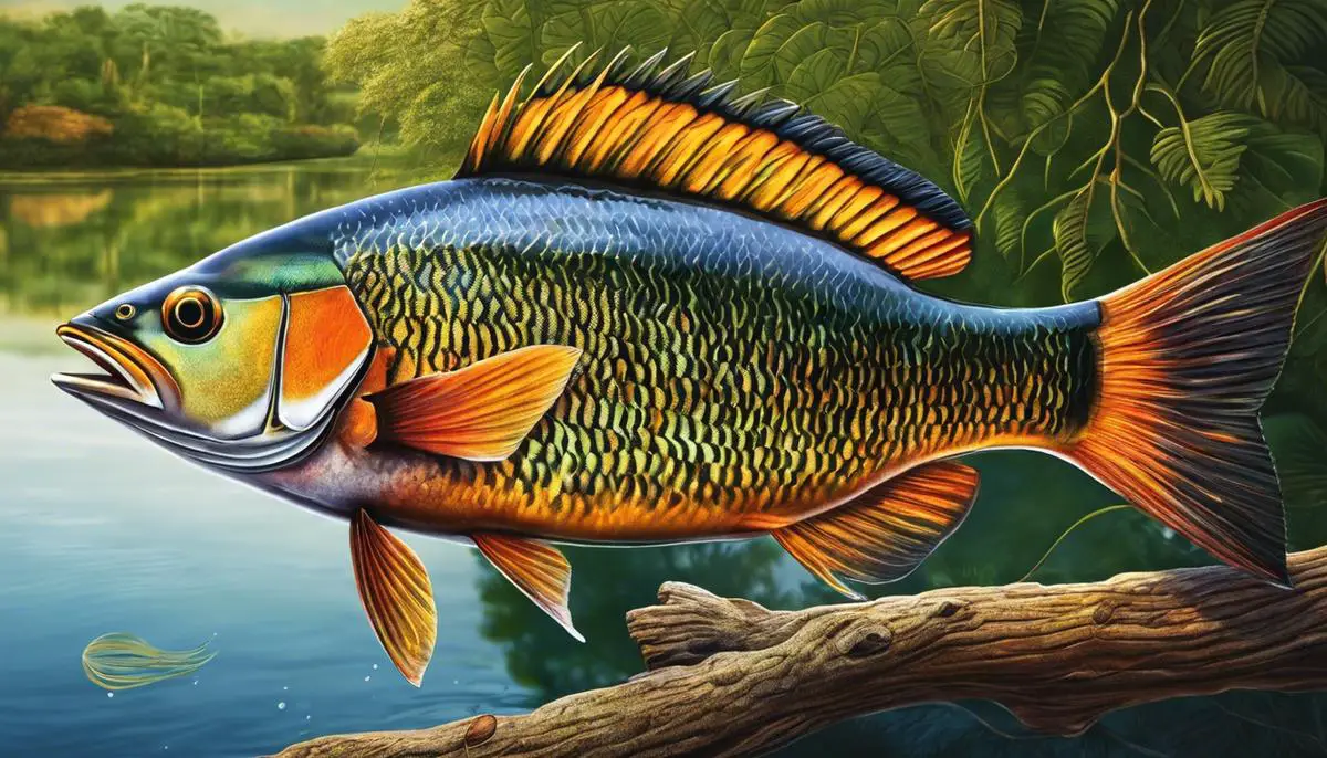 Illustration of a Tucunaré fish in a fishing scene with a river and trees in the background