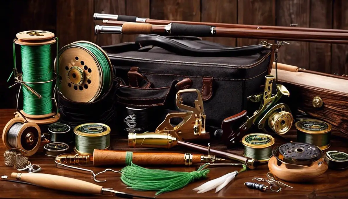 Image description: An assortment of fishing accessories such as fishing rods, reels, and lines.