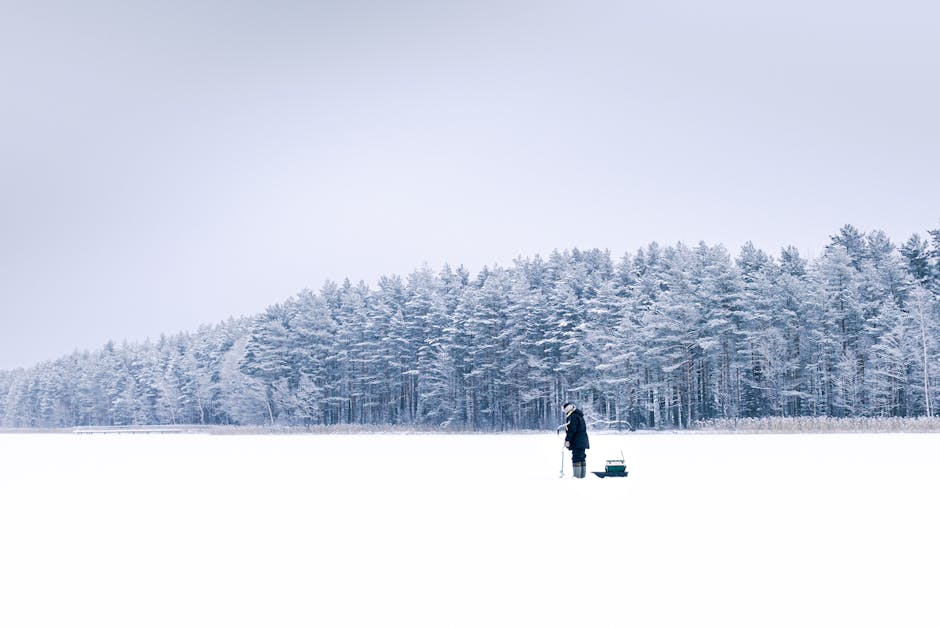 Equipamentos de pesca no inverno, incluindo varas, linhas e anzóis, em um ambiente gelado e nevado