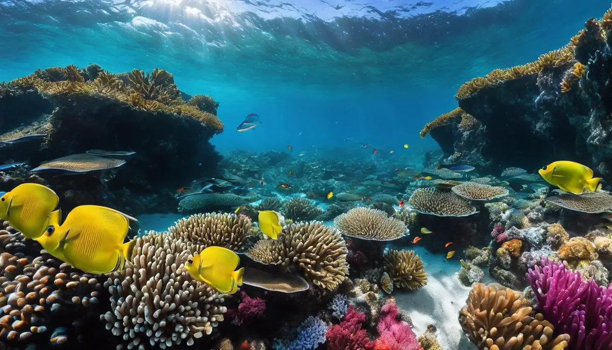 Imagem de uma praia paradisíaca com águas cristalinas e peixes coloridos nadando próximo a corais, representando a importância da conservação do oceano para a prática da pesca responsável.