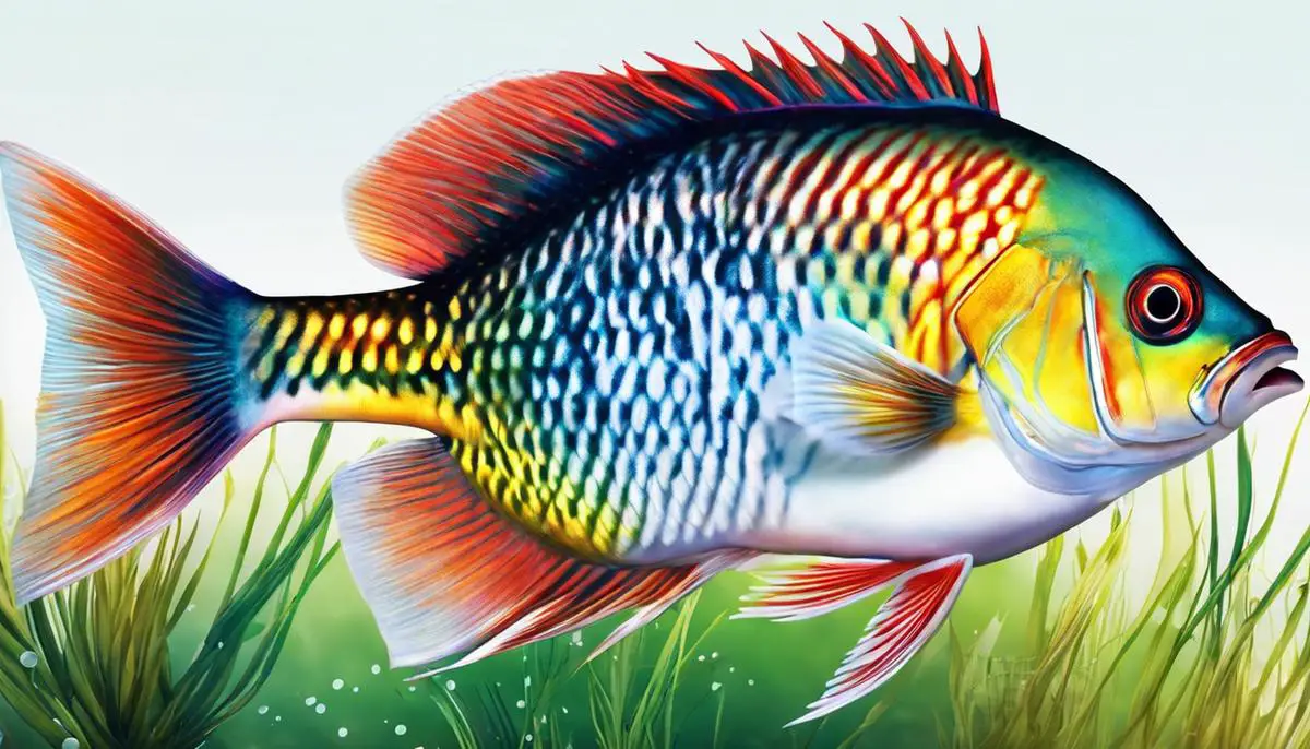 Imagem de um peixe subaquático com um corpo alongado, nadadeiras e uma coloração vibrante.