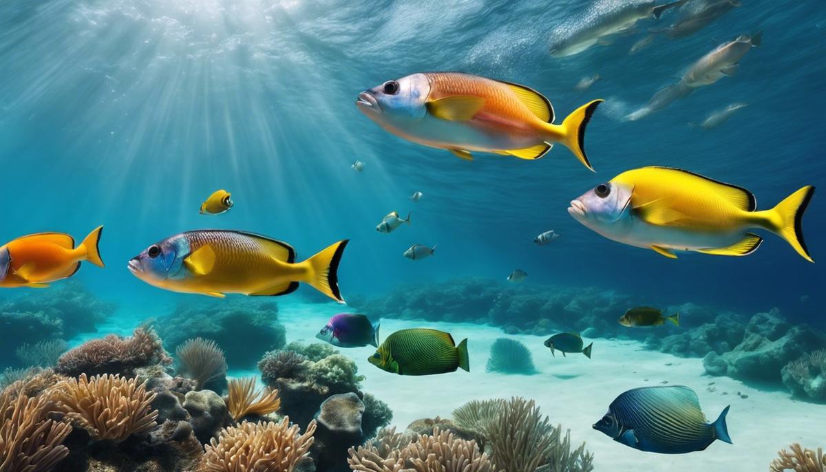 Imagem de diferentes espécies de peixes submarinos nadando no oceano