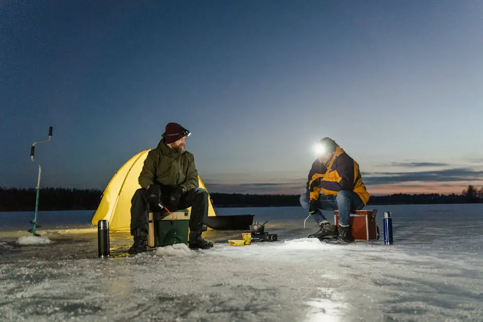 Pescadores pescando tucunaré em um lago congelado durante o inverno