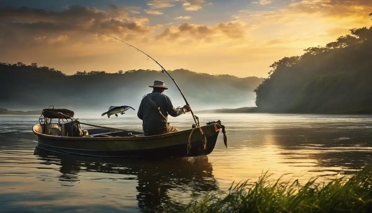 imagem de um pescador segurando um peixe capturado com um cenário de rios e mares ao fundo, representando a importância da pesca regulamentada e sustentável