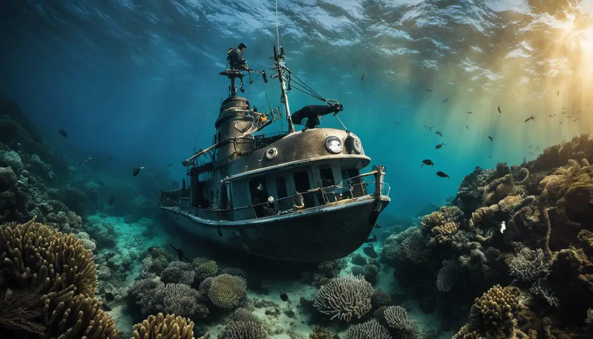 Imagem de um pescador submarino com seu arpão, traje de mergulho e bóia de sinalização no mar aberto, representando os equipamentos indispensáveis para a pesca submarina.