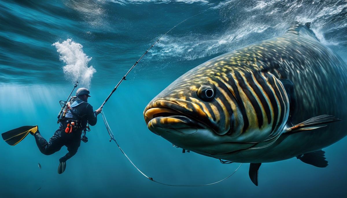 Imagem de um pescador submarino segurando um peixe capturado debaixo d'água.
