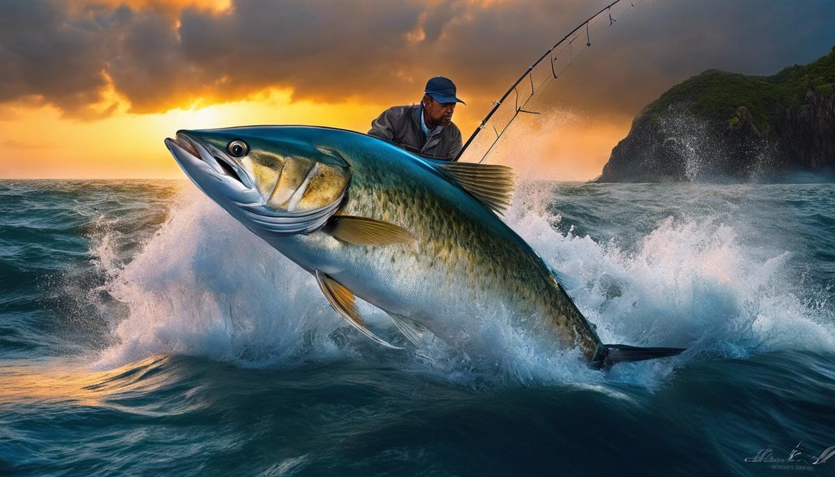 Imagem de um pescador subaquático segurando um peixe grande enquanto nada no mar.