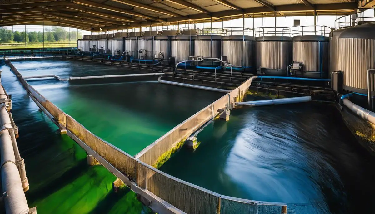 Photo of a filtration system in a fish farm, with water flowing through various filters and tanks.