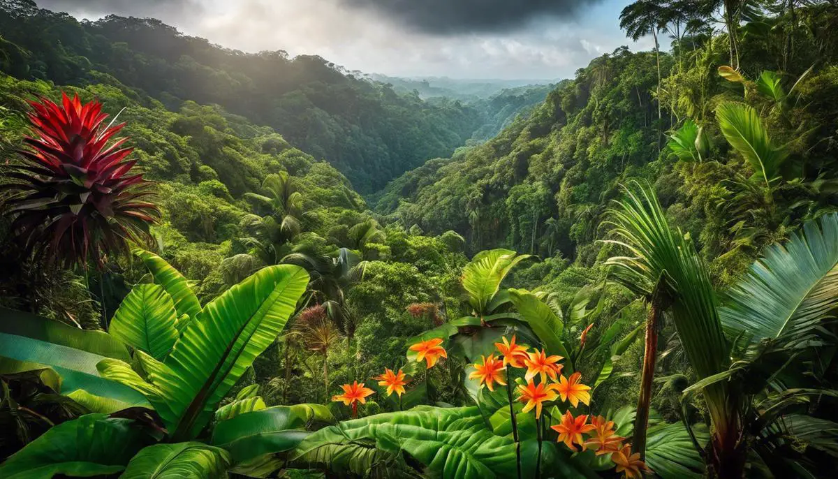 Image of various edible plants found in the jungle, showcasing the diversity and beauty of the Brazilian flora.