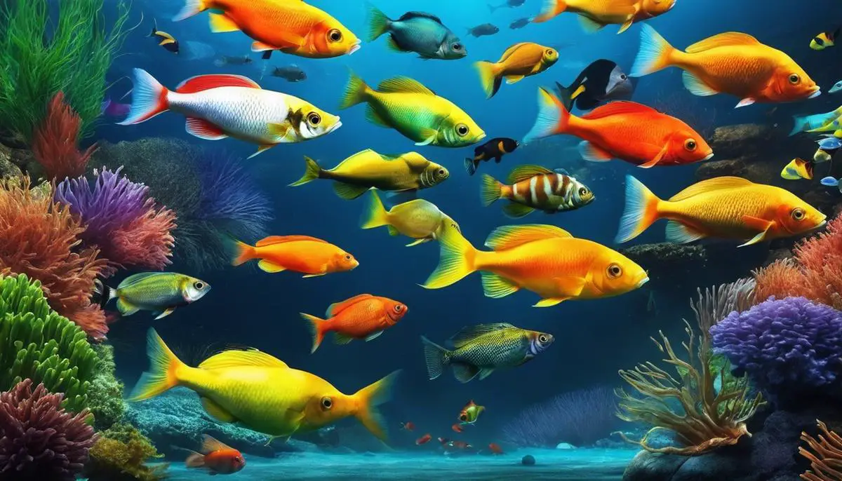 Fish swimming in a river. The image shows a variety of colorful fish species.