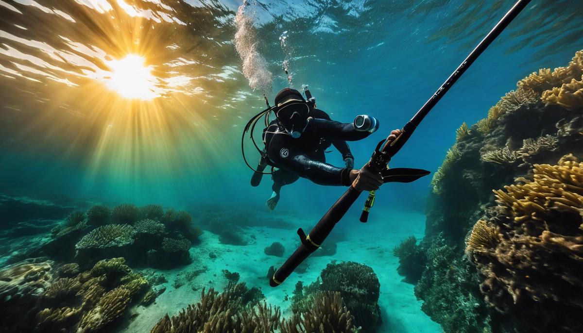 Image of a person underwater with their spearfishing equipment, ready to dive into the ocean for spearfishing.