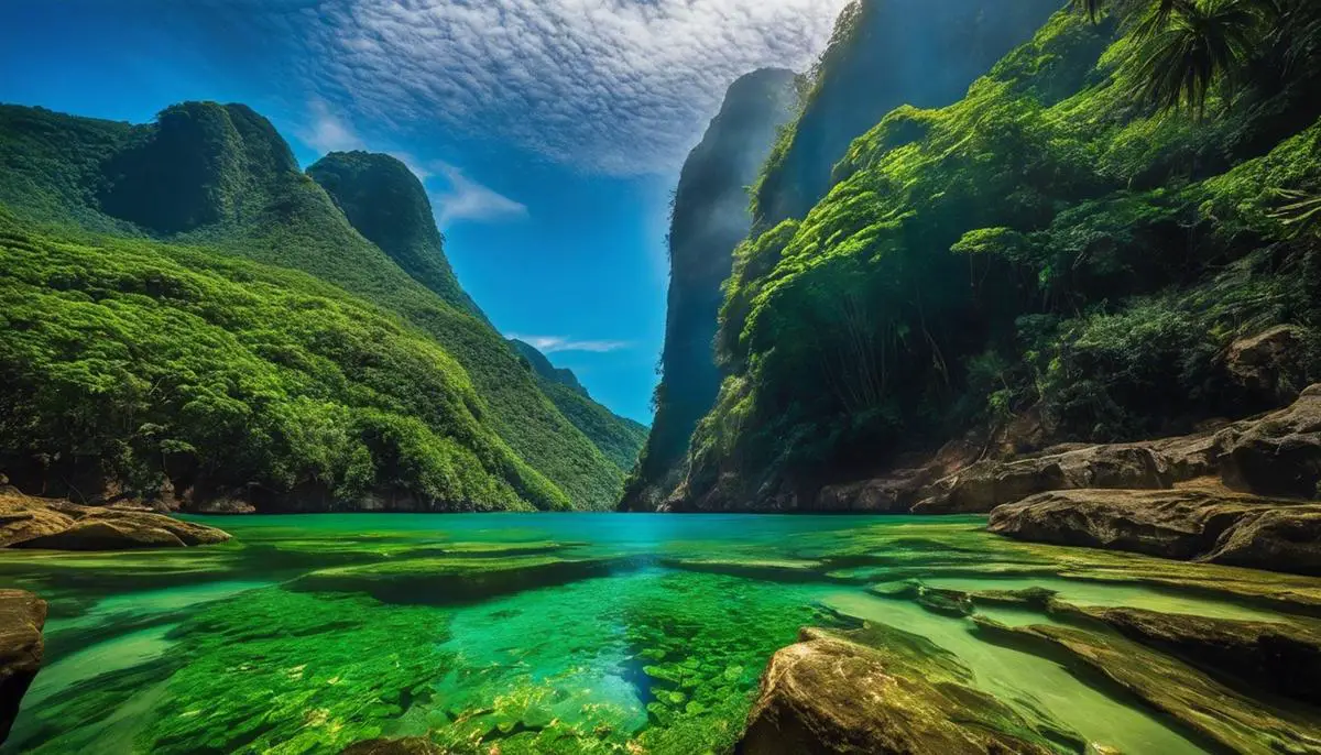 Imagem de um tucunaré no rio com vegetação aquática em volta