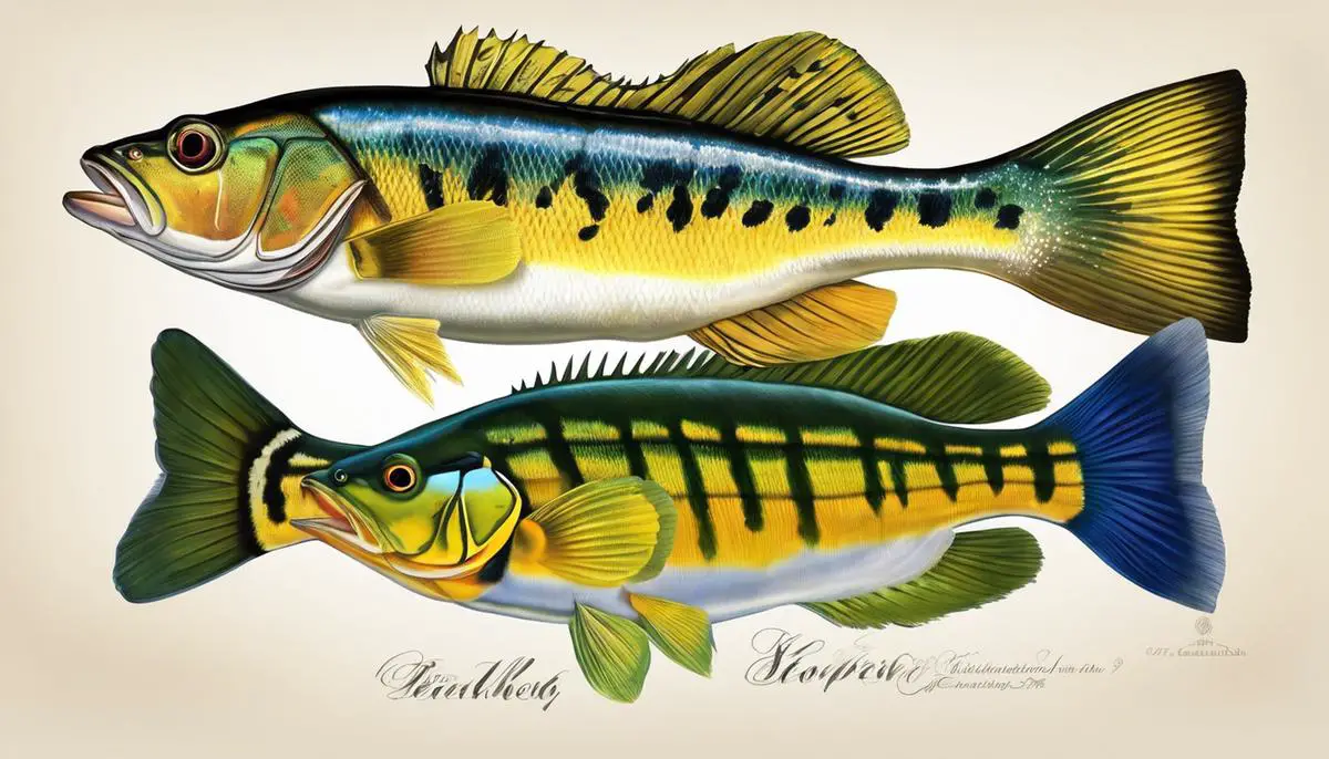 Illustration comparing the feeding habits of the Blue and Yellow Peacock Bass species