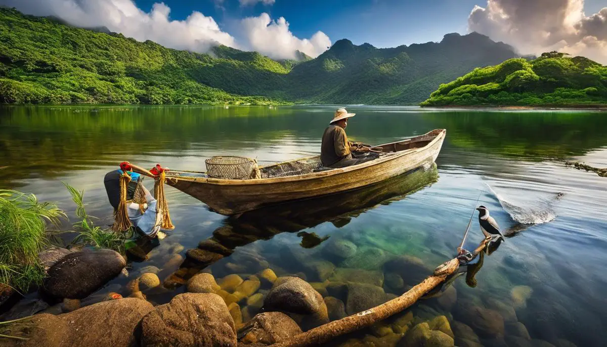 A imagem mostra um pescador segurando um Tucunaré pescado com um lago ao fundo.