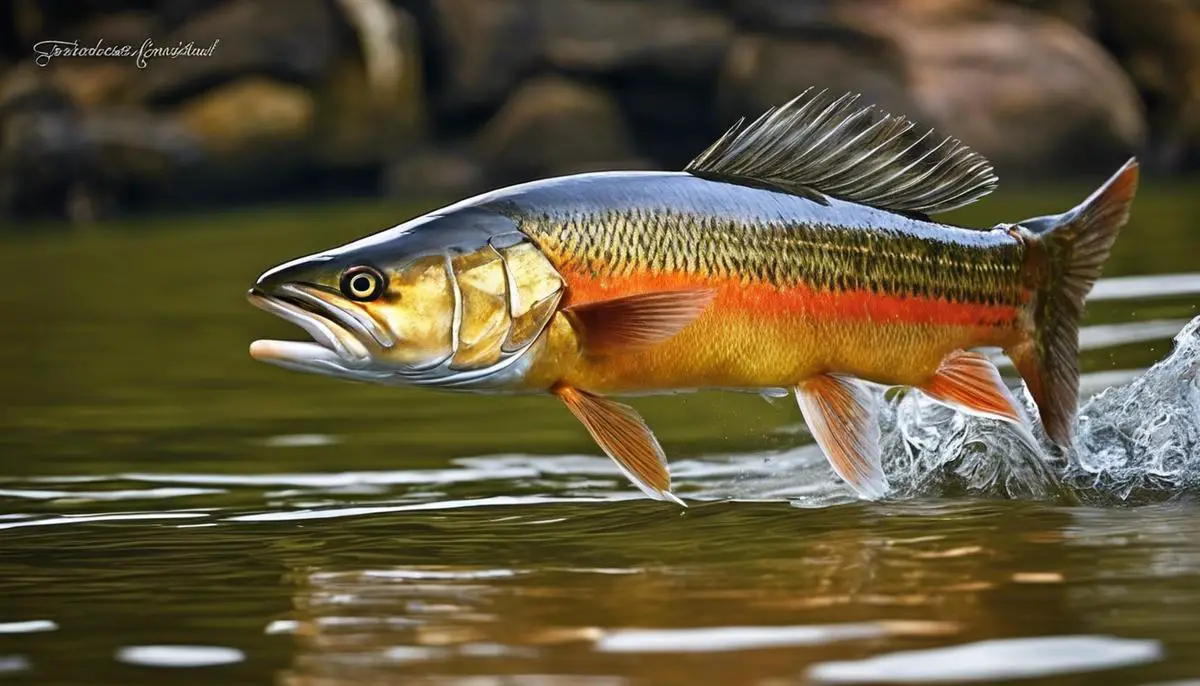 A foto de um tucunaré sendo pescado em um caiaque pelo rio.