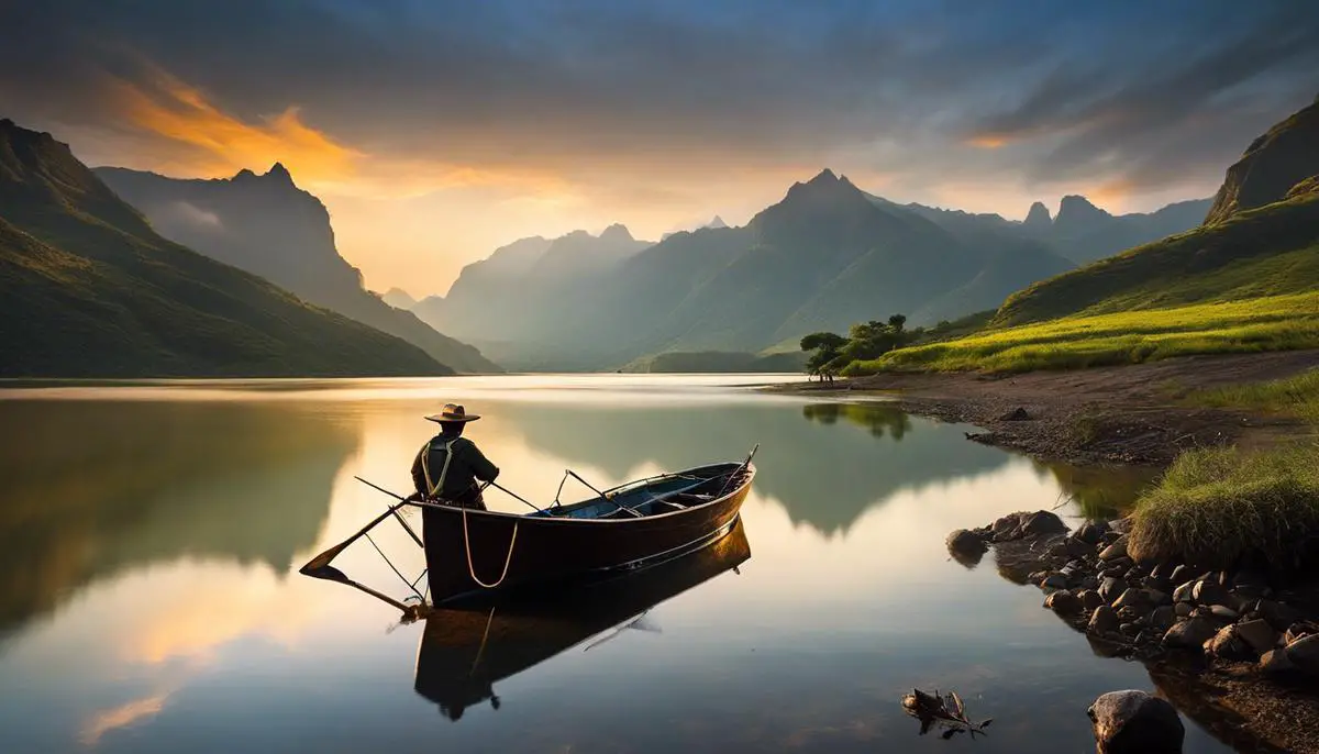 A imagem mostra um pescador segurando um Tucunaré capturado em um lago com belas montanhas ao fundo