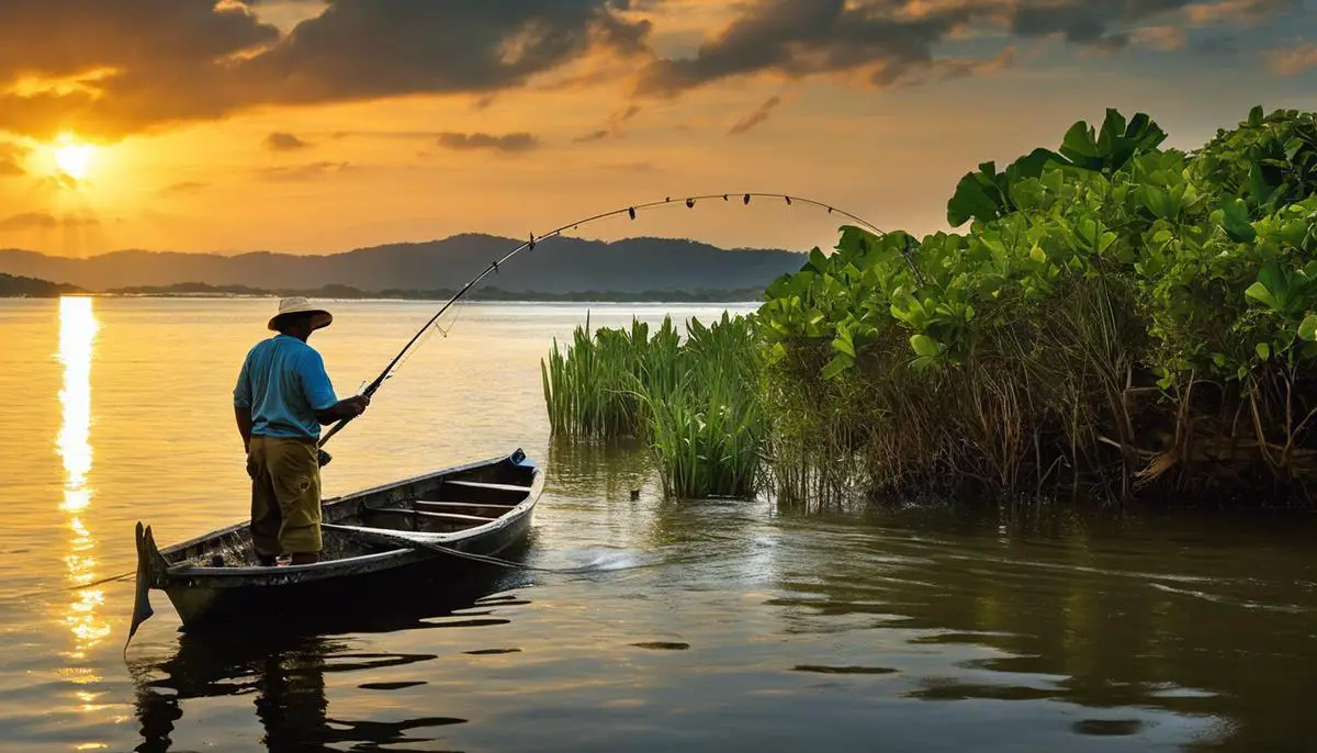 Um pescador segurando um Tucunaré recém-pescado, com um belo lago ao fundo, em um dia ensolarado.