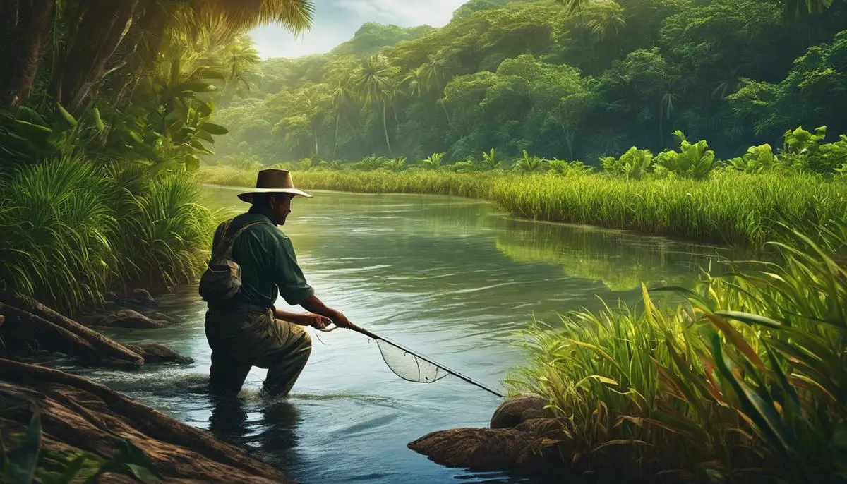 A fisherman casting his line while fishing for Tucunaré in a river surrounded by lush vegetation.