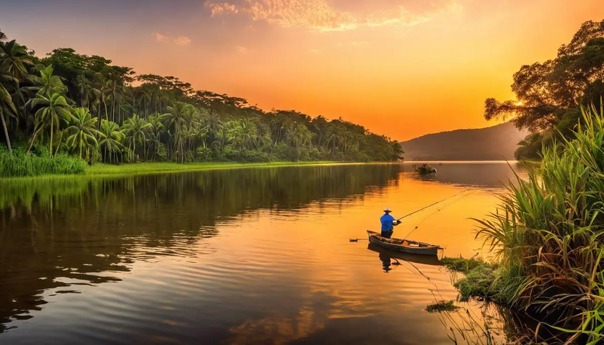 Imagem de pesca de Tucunaré em um lago com água calma e vegetação abundante.