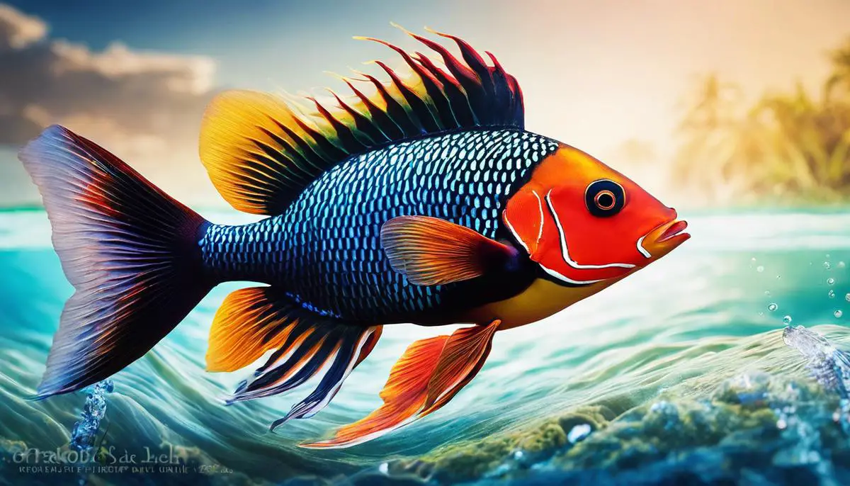 Image of a Tucunaré fish swimming in the water, showcasing its vibrant colors and powerful body.