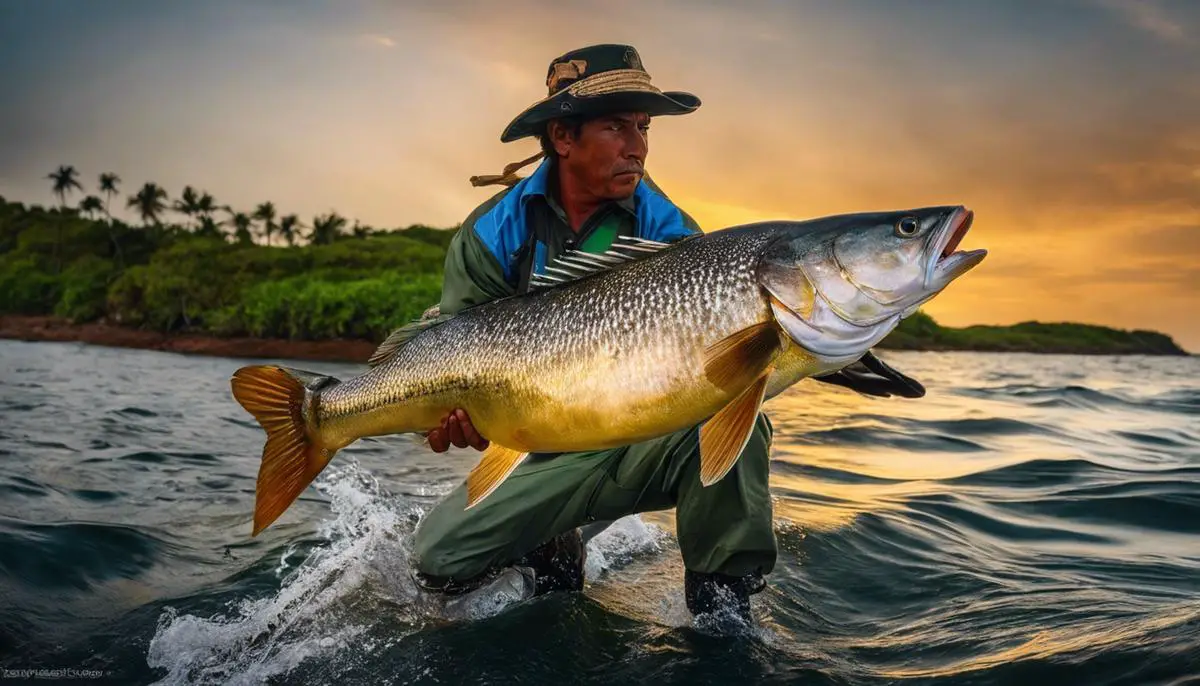 Image of a fisherman holding a tucunaré caught while fishing following the described tactics.